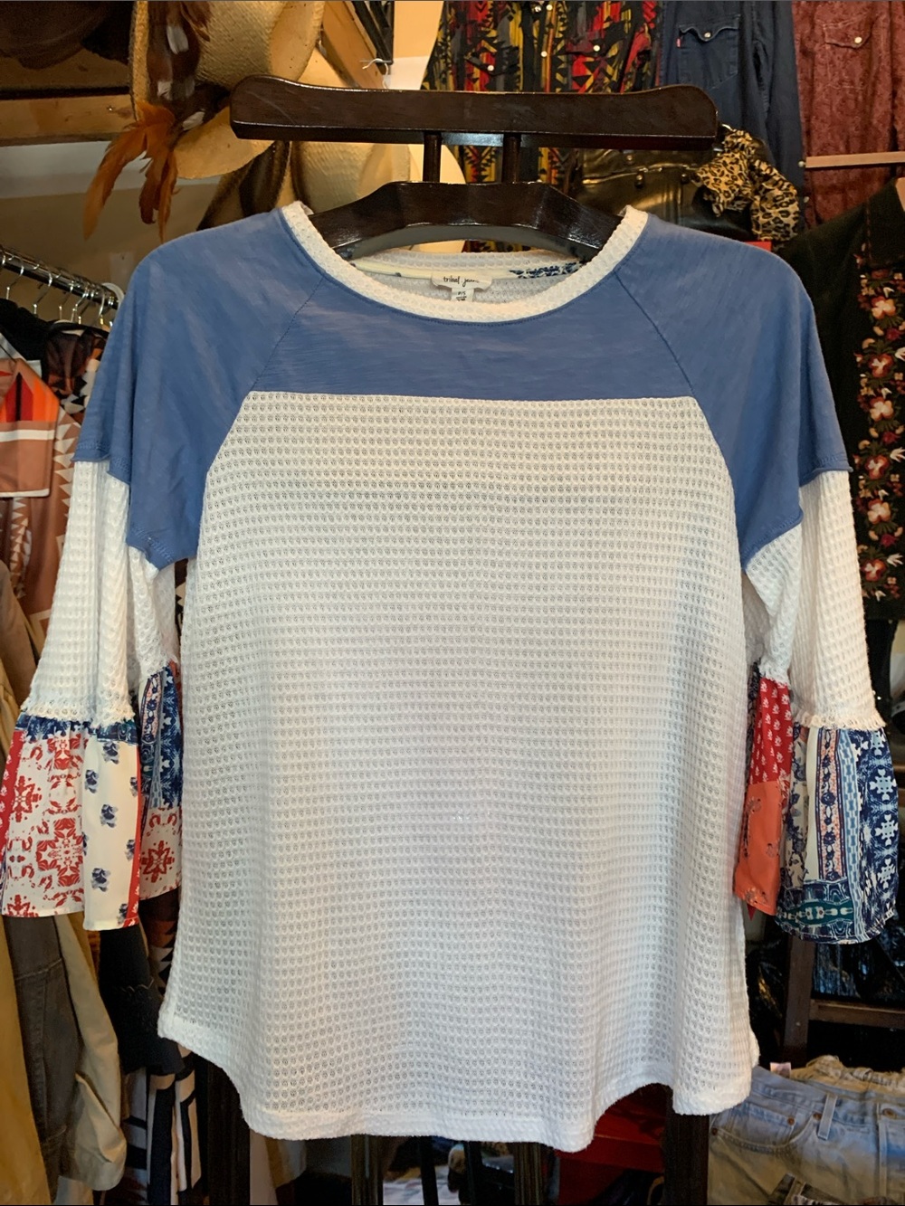 Waffle Knit Raglan Sleeve Top with Blue Yoke and Patterned Bell Sleeves